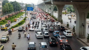 Traffic moving along Murree Road in Rawalpindi beneath the Metro Bus elevated track