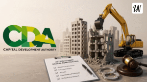 CDA officials inspecting government land during an anti-encroachment operation in Islamabad
